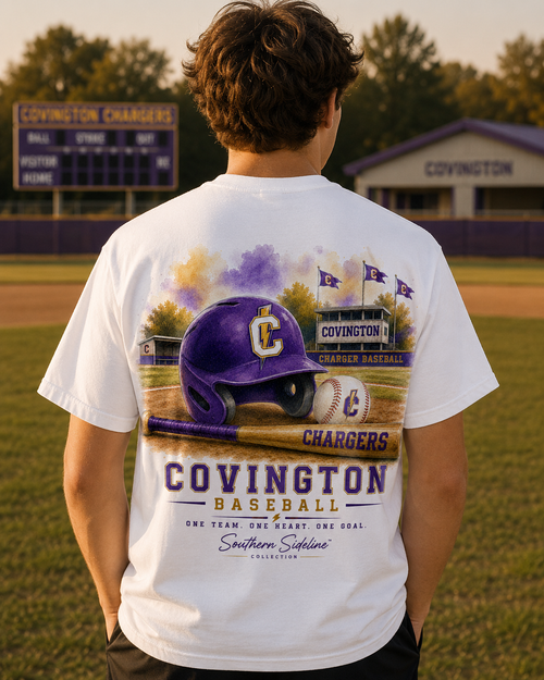 Watercolor Covington Chargers baseball design on a soft cotton tee