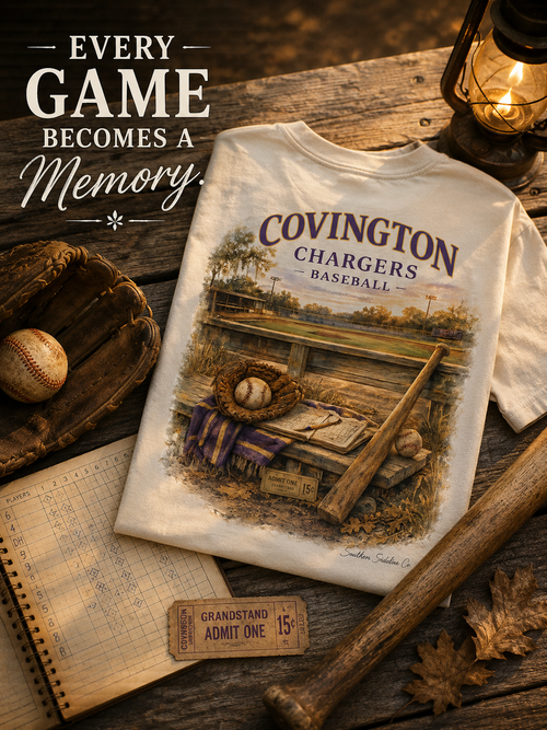 Watercolor Covington Chargers baseball design on a soft cotton tee