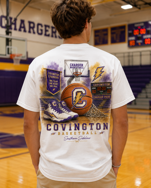 Watercolor Covington Chargers basketball design on a soft cotton tee