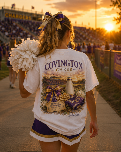 Watercolor Covington Chargers cheer design on a soft cotton tee