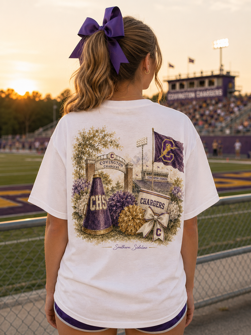 Watercolor Covington Chargers cheer design on a soft cotton tee