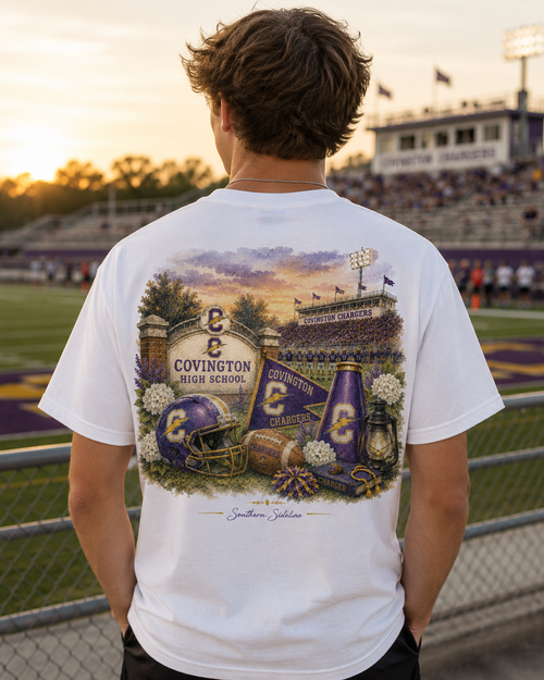 Watercolor Covington Chargers football design on a soft cotton tee