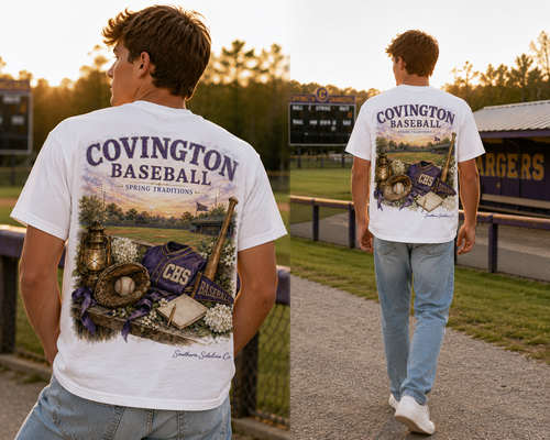Watercolor Covington Chargers baseball design on a soft cotton tee