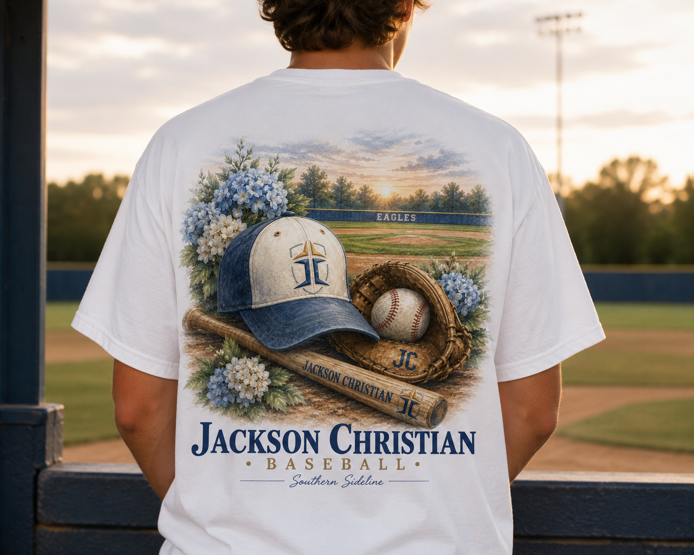 Watercolor Jackson Christian Eagles baseball design on a soft white cotton tee
