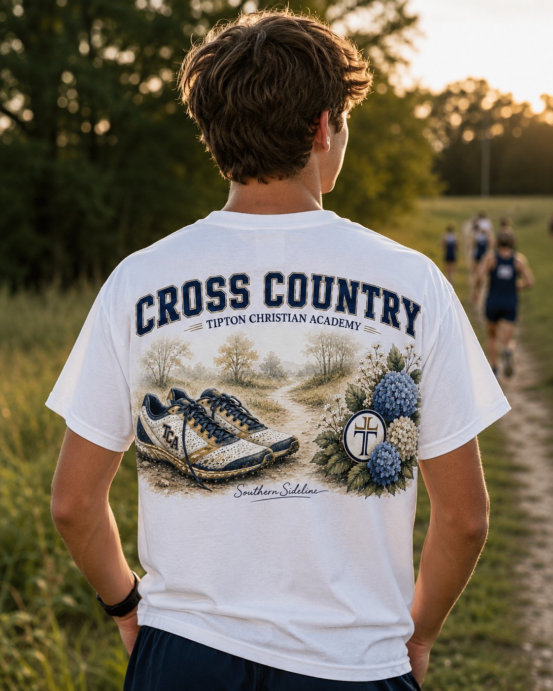 Tipton Christian Academy Eagles cross country watercolor design on a white tee