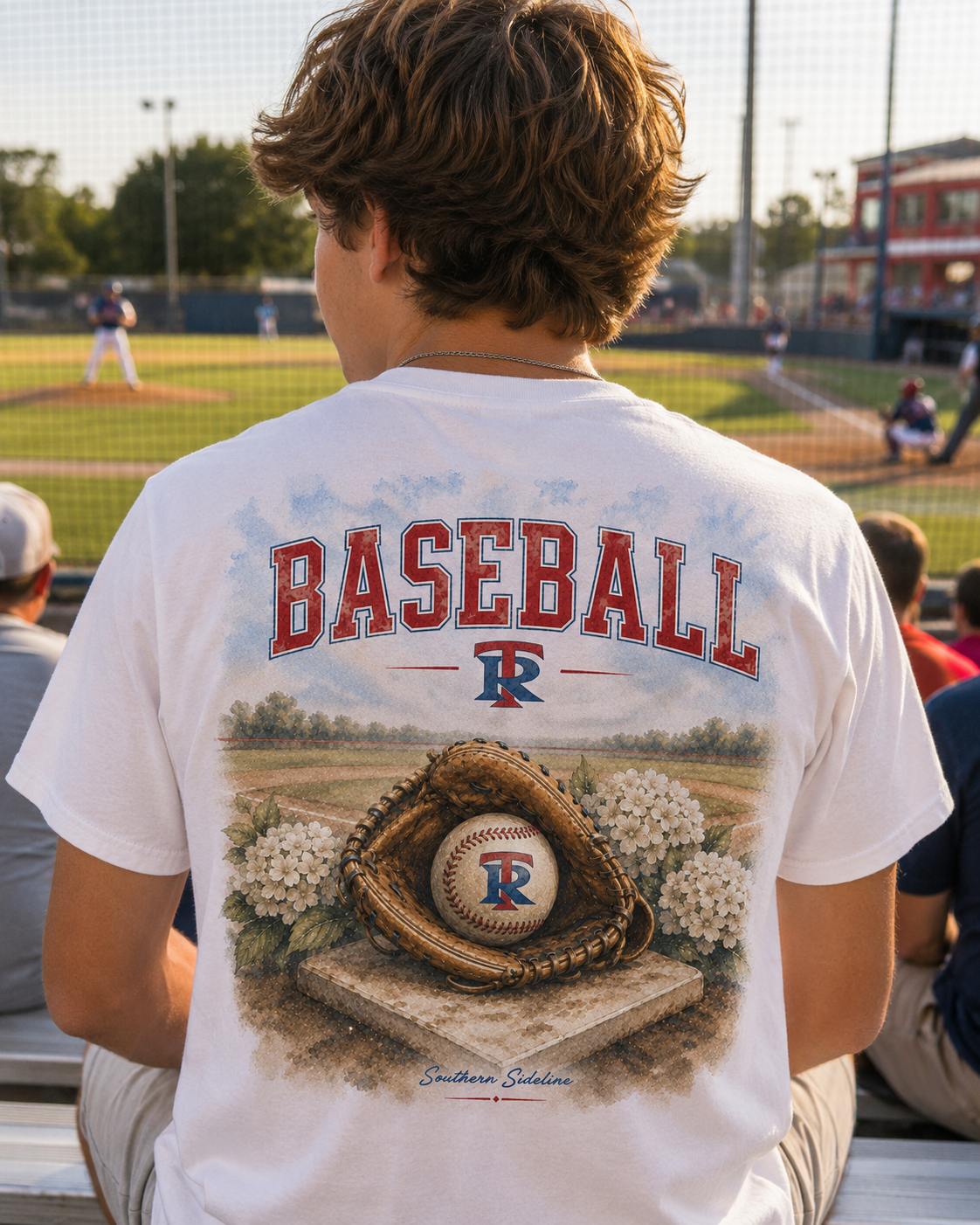Tipton-Rosemark Academy Rebels baseball watercolor design on a white tee