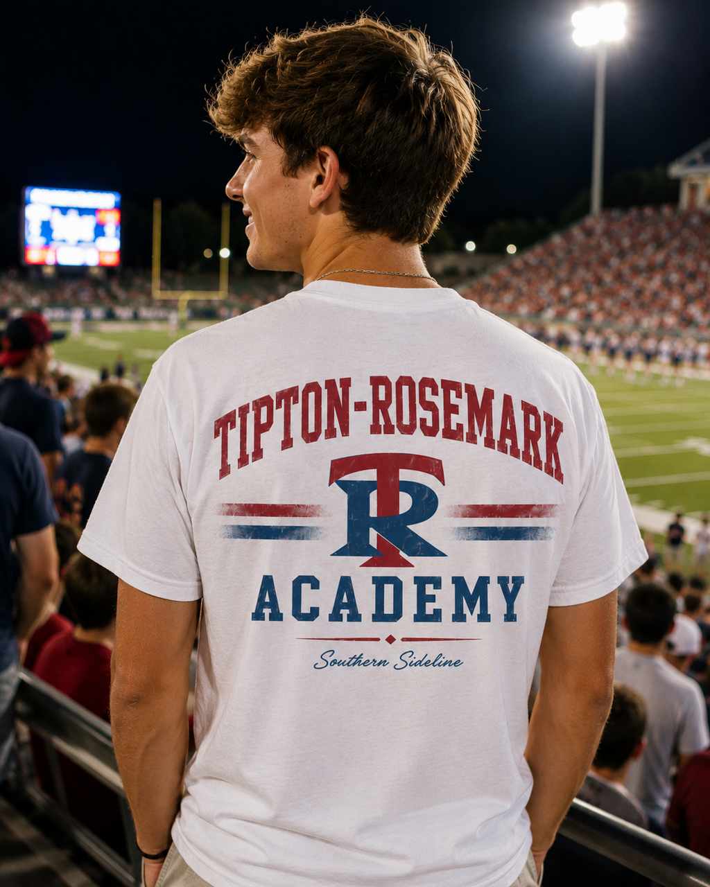 Tipton-Rosemark Academy collegiate vintage wordmark on the back of a white tee