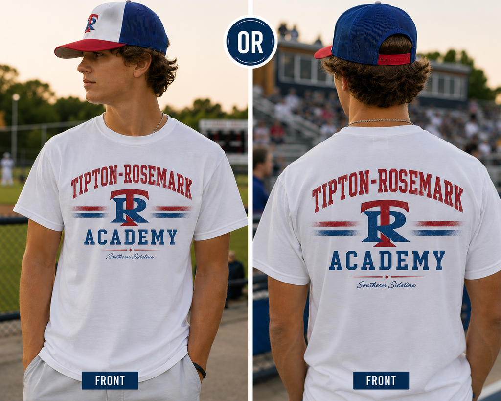 Tipton-Rosemark Academy collegiate vintage wordmark tee, front placement options
