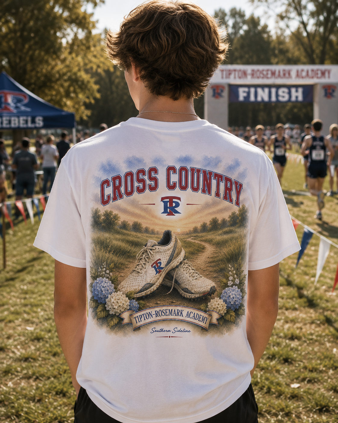 Tipton-Rosemark Academy cross country watercolor design on a white tee