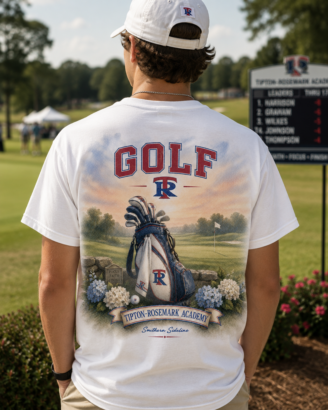 Tipton-Rosemark Academy golf watercolor design on a white tee