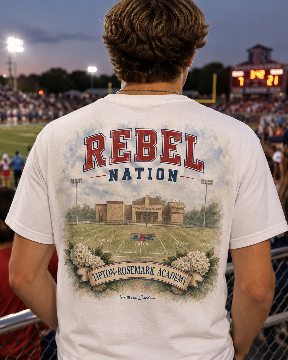 Tipton-Rosemark Academy Rebel Nation watercolor design on a white tee