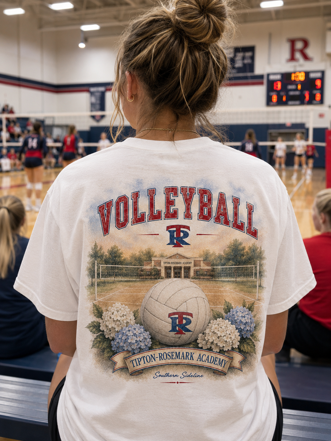 Tipton-Rosemark Academy volleyball watercolor design on a white tee